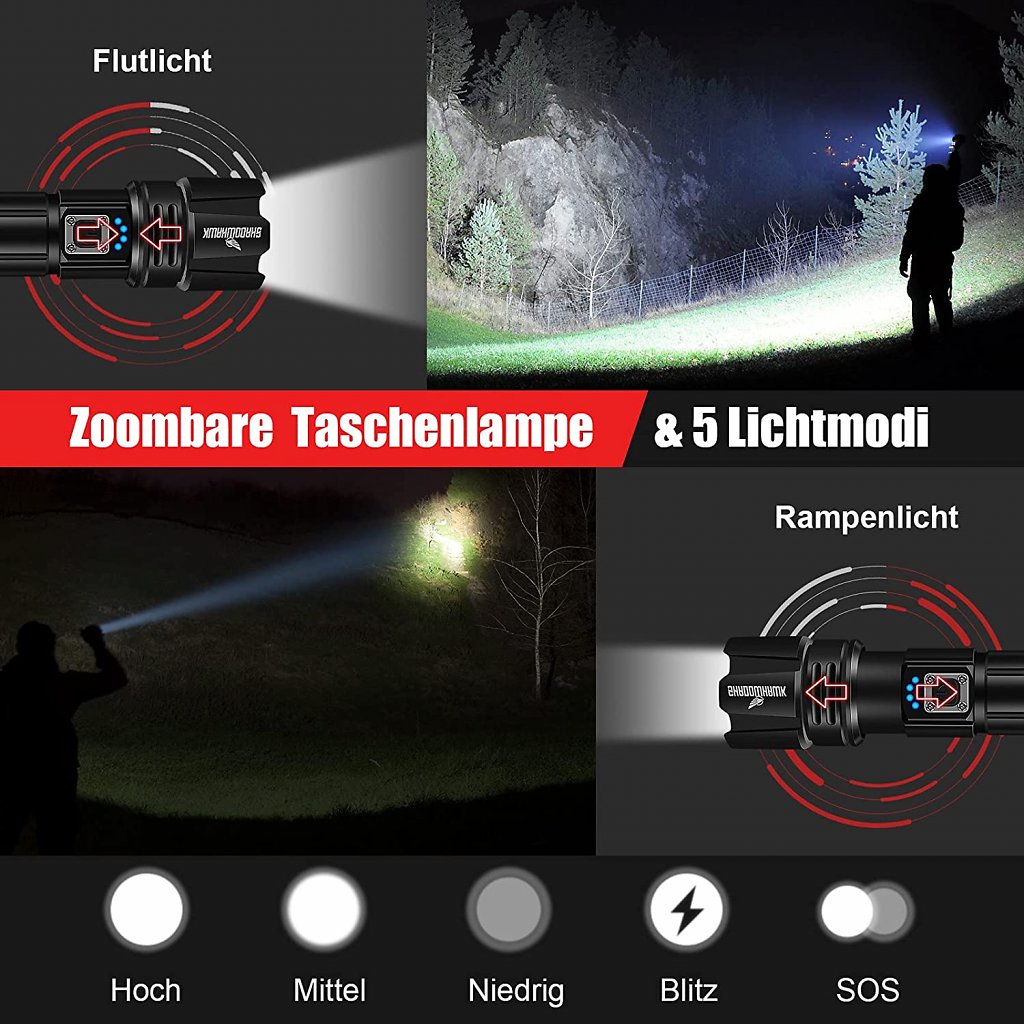 Mit ihrer Fokusfunktion und den fünf Lichtmodi ist die Taschenlampe für alle Einsatzzwecke geeignet.