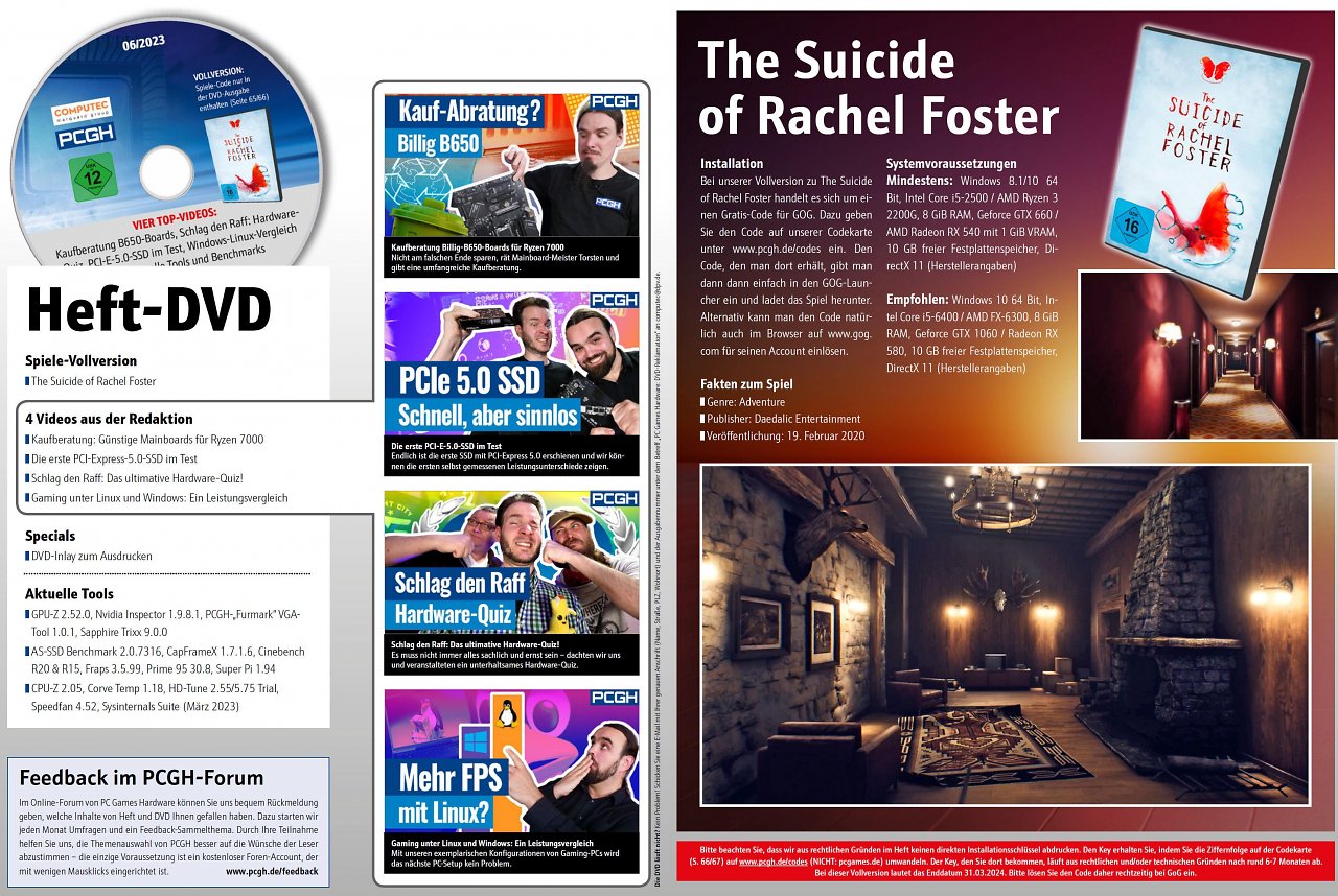 [27/04/2023] Neben den vielen nützlichen Programmen und Videos befindet sich die Vollversion The Suicide of Rachel Foster in der DVD-Version des PCGH-Hefts.