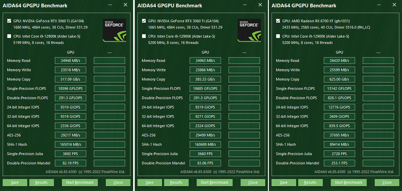 [06/04/2023] AIDA64 General Purpose Benchmark: Geforce RTX 3060 Ti GDDR6X vs. Geforce RTX 3060 Ti vs. Radeon RX 6700 XT