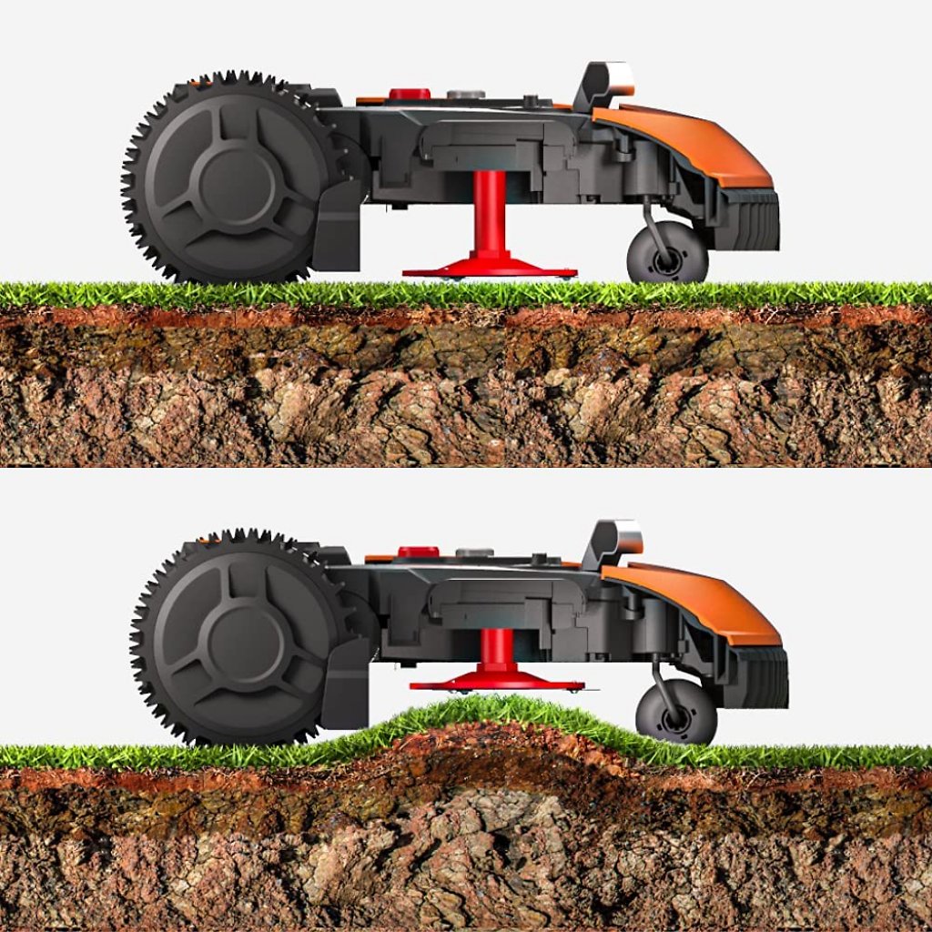 Der Worx Mähroboter Landroid Plus verfügt über ein schwimmendes Mähwerk, das sich automatisch an Bodenunebenheiten anpasst.