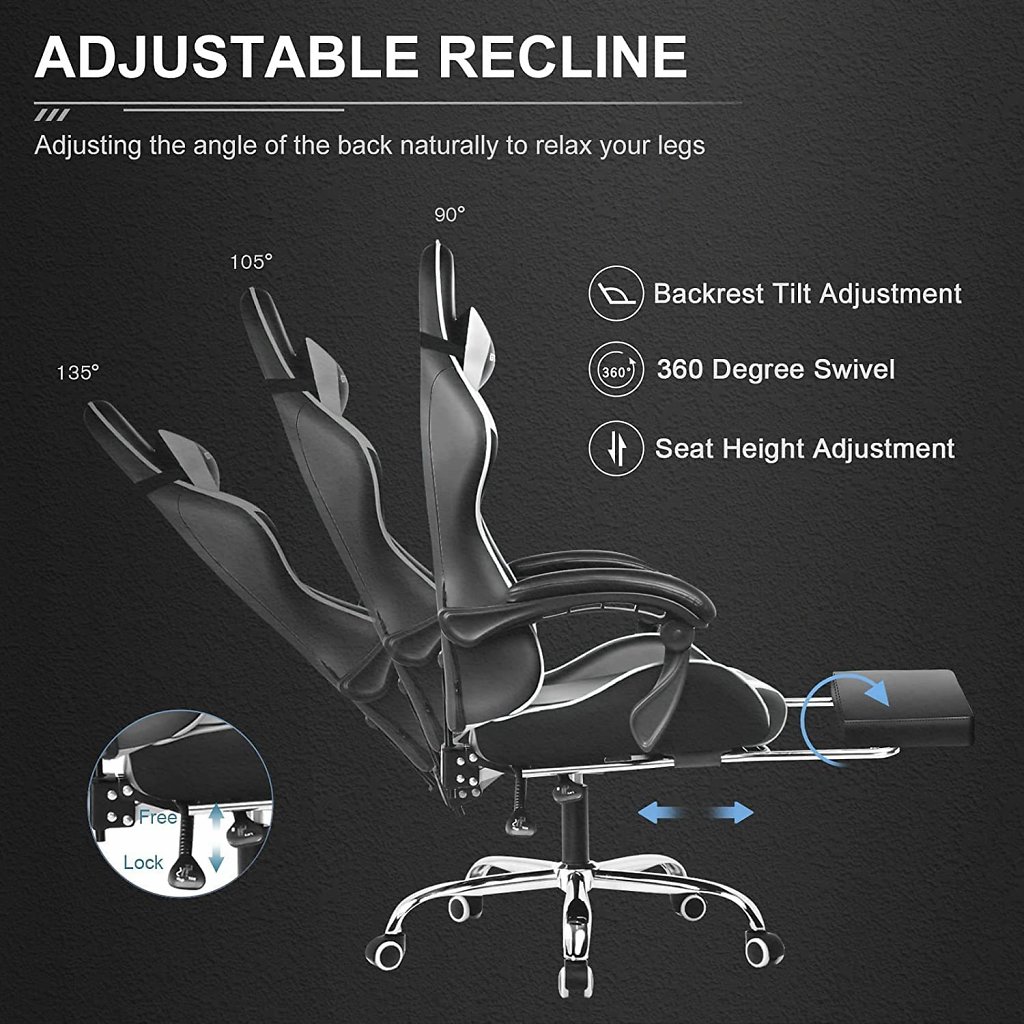 Der Gaming-Stuhl verfügt auch über eine ausziehbare Fußstütze und ermöglicht so eine Relax-Position.