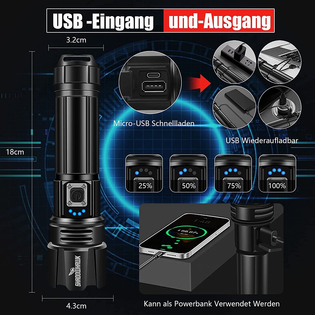 Die LED-Taschenlampe lässt sich dank USB-Ausgang auch als Powerbank nutzen.