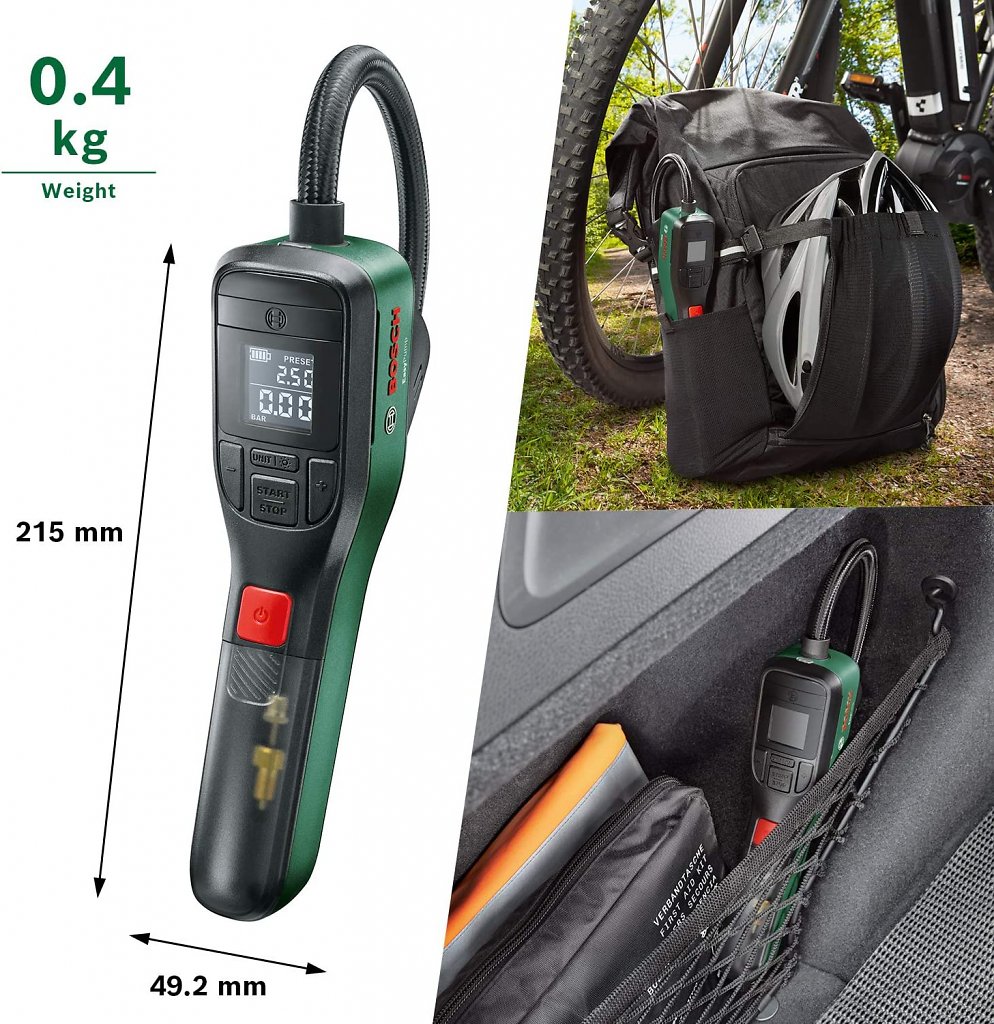 Die Bosch EasyPump ist leicht und kompakt, lässt sich somit problemlos in der Fahrradtasche oder im Auto verstauen.