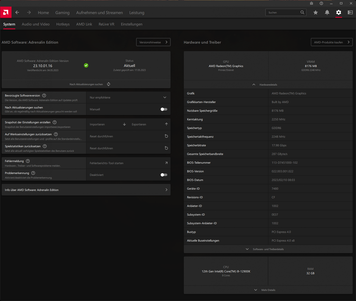 [21/05/2023] AMD Radeon RX 7600 MBA: Radeon Software Adrenalin Hardware Info