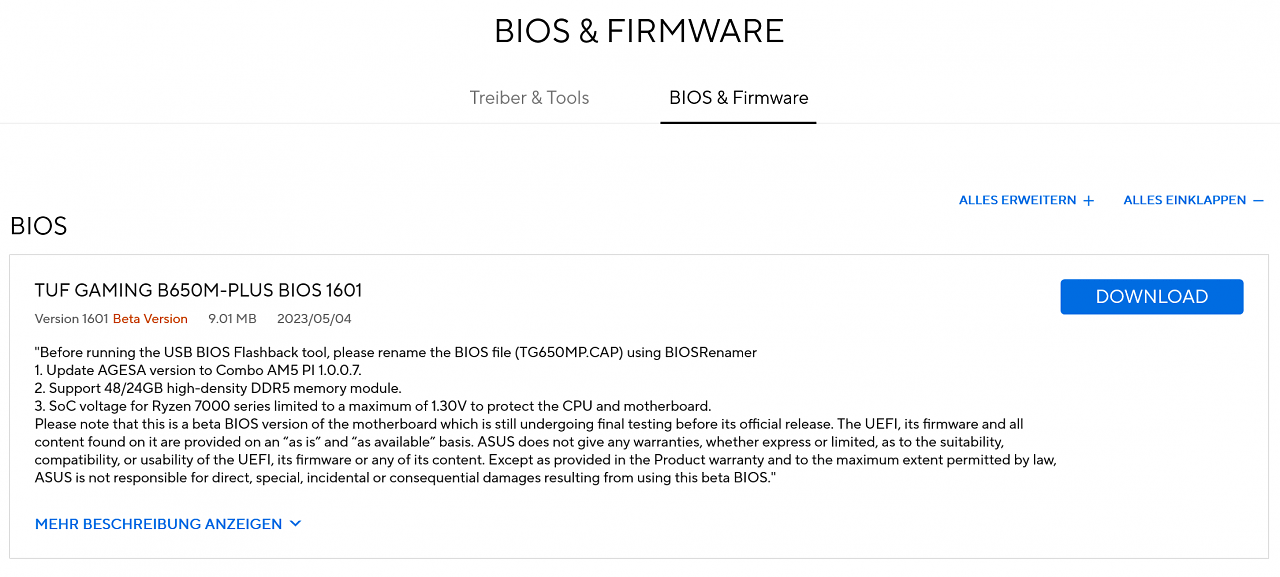 [05/05/2023] Asus verteilt bereits neue BIOS-Versionen mit AGESA ComboAM5Pi 1.0.7.0
