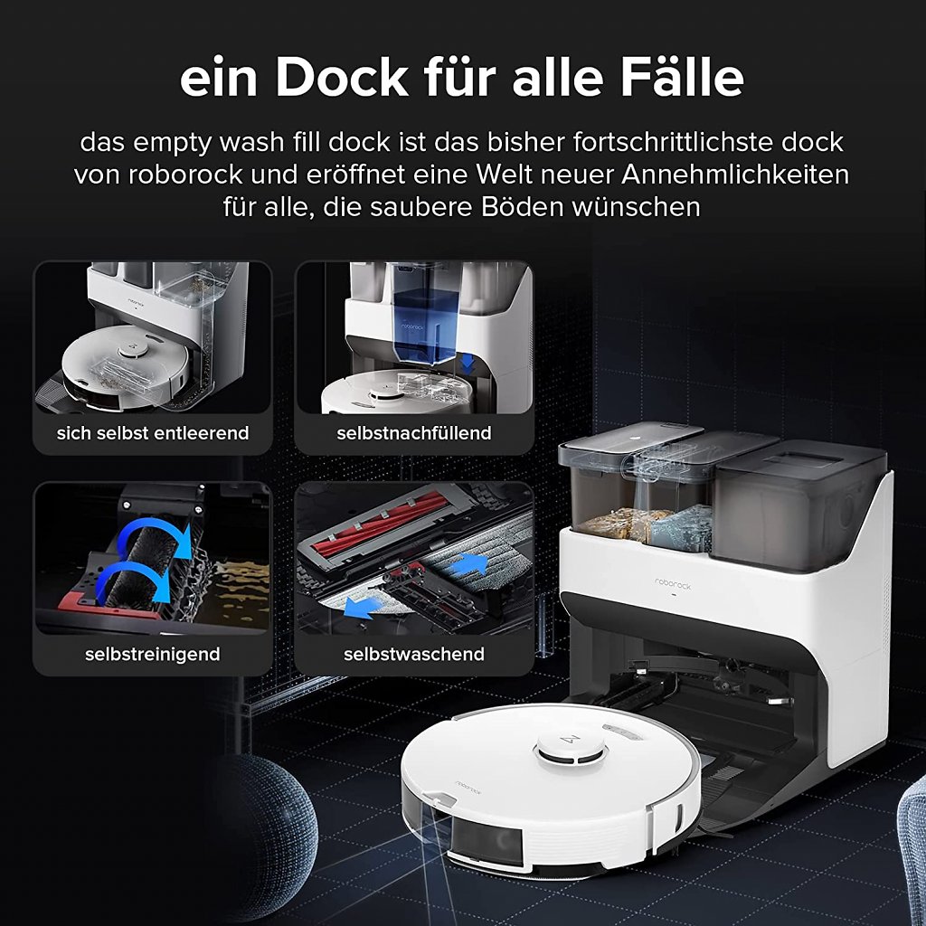 Das Dock sorgt dafür, dass Sie wochenlang keine Arbeit mit dem Saugroboter haben, er aber jederzeit gereinigt und einsatzbereit ist.