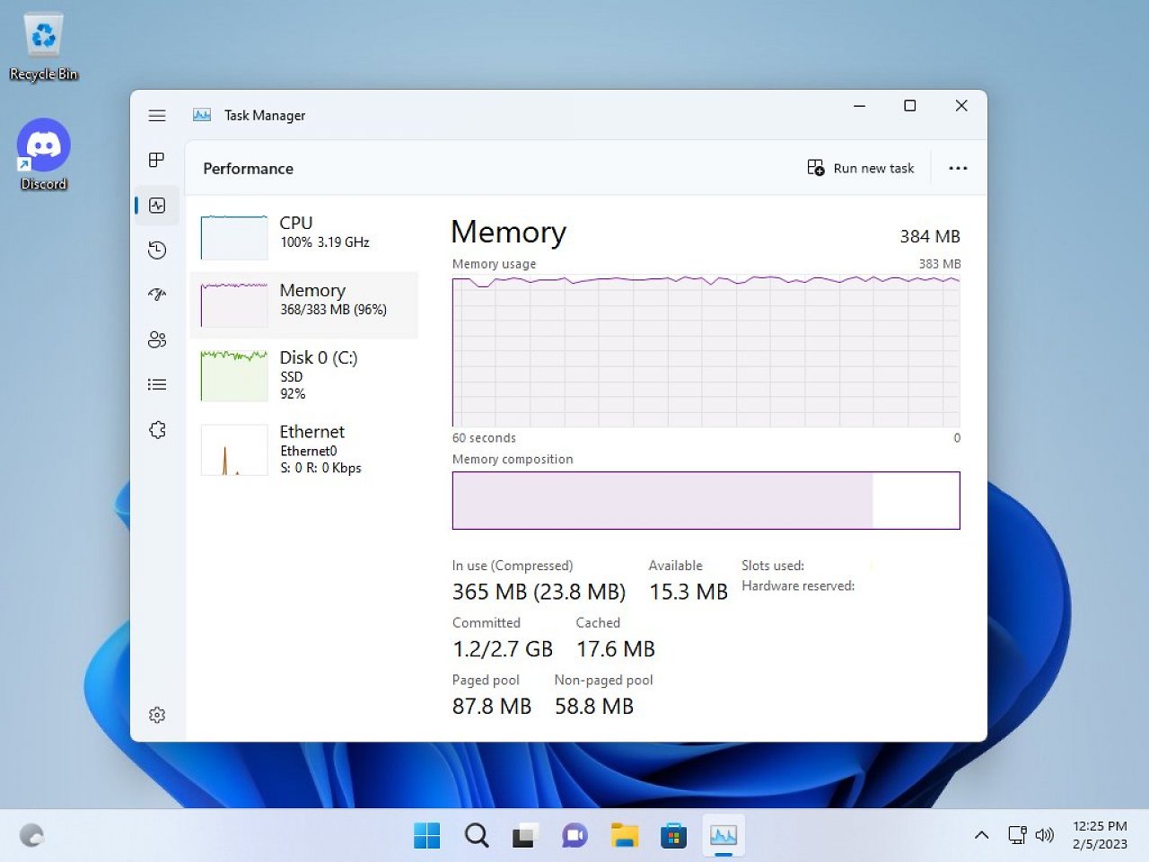 [07/05/2023] Tiny11 auf einem System mit nur 384 MiByte Arbeitsspeicher