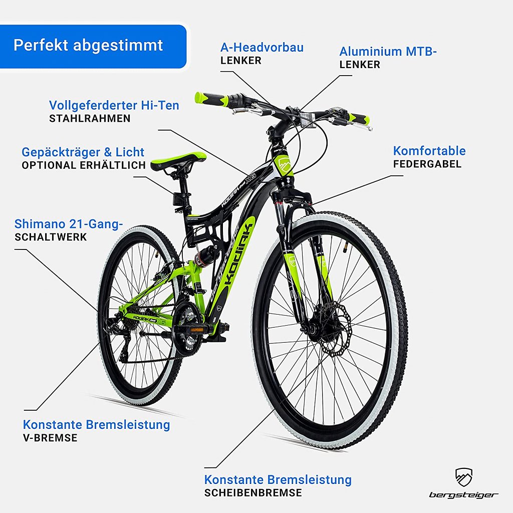 Trotz seines günstigen Preises bietet das Fahrrad des deutschen Herstellers Bergsteiger eine perfekt aufeinander abgestimmte Ausstattung, samt Vollfederung und Shimano-Schaltung.