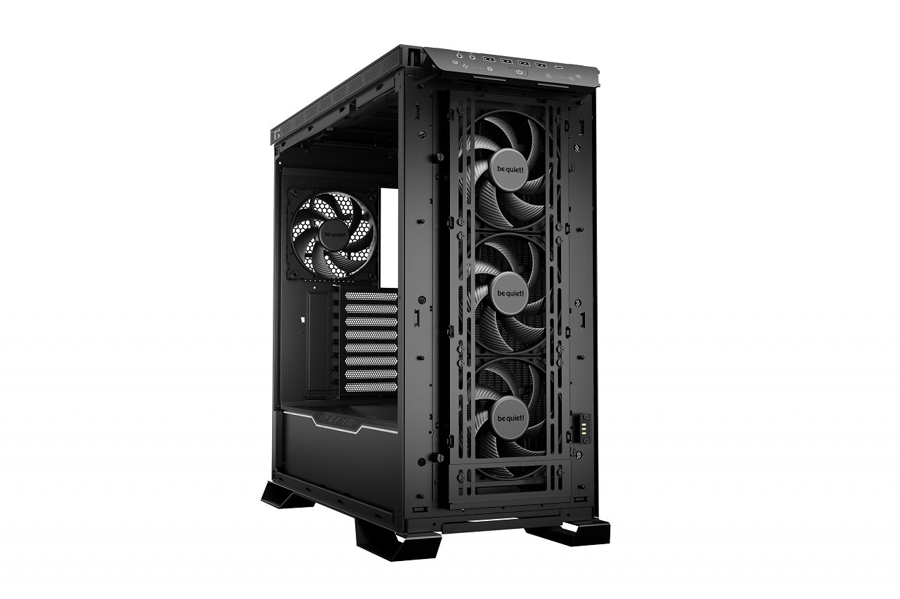 [14/06/2023] Be Quiet Dark Base Pro 901: Render-Bild vom Hersteller. 3× Silent Wings 4 (bis zu 1.900 U/min) finden sich im System. Dabei sind 2 an der Front verbaut. Theoretisch könnte zwar ein dritter 140-mm-Lüfter vorne eingebaut werden, dafür fällt der Platz unten für ein Laufwerk raus.