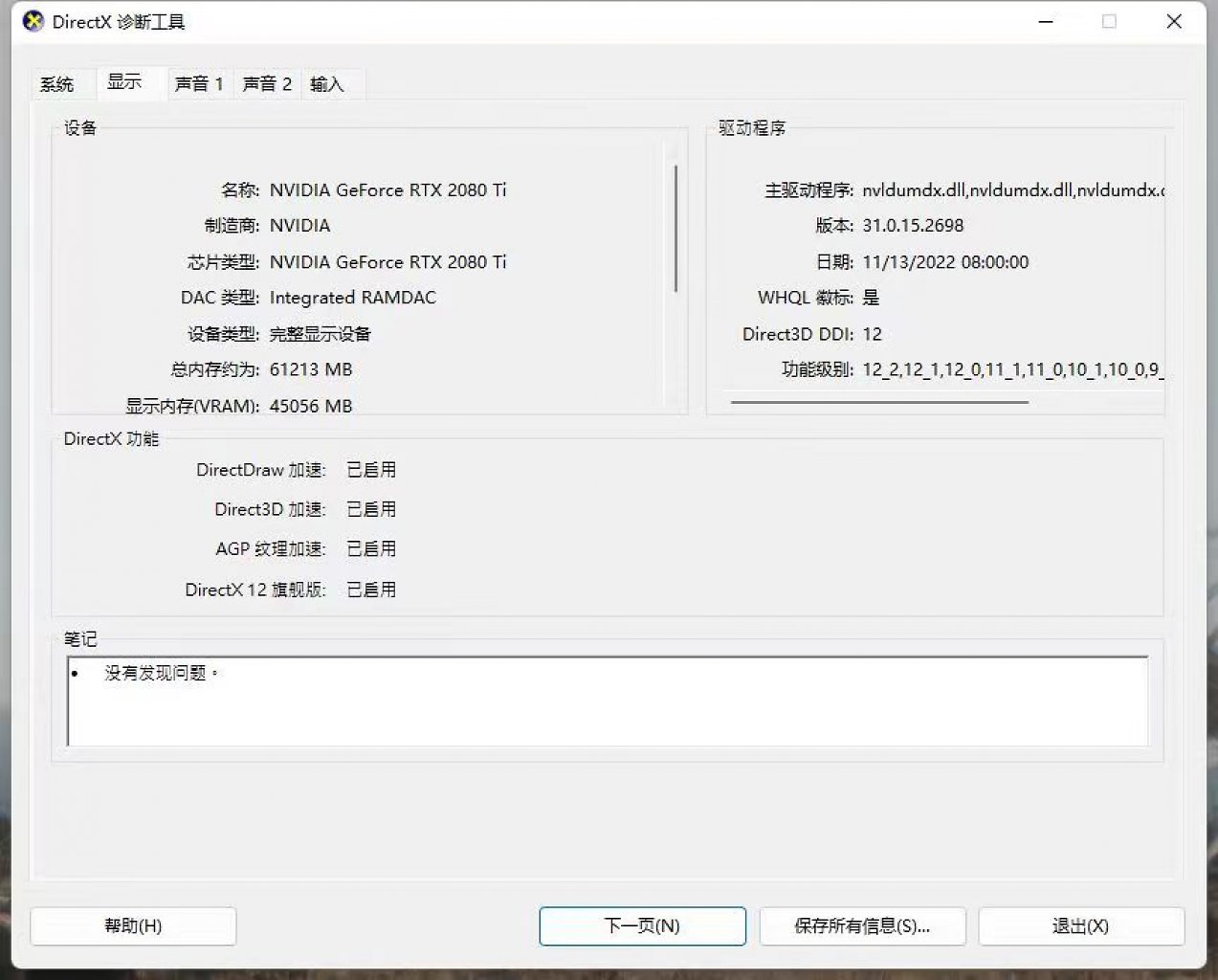 [12/06/2023] Screenshot eines DirectX Info-Bildschirms.