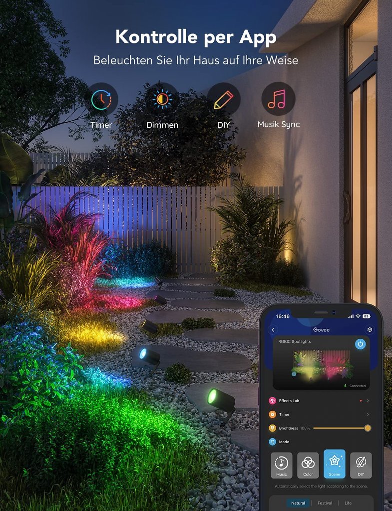 [10/07/2023] Govee Outdoor LED-Strahler beleuchten den Garten.