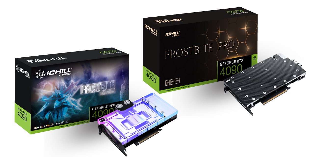 [29/07/2023] Der chinesische Hersteller Inno3D präsentiert mit der RTX 4090 Frostbite Ultra und Frostbite Pro zwei neue Modelle, die mit schlanken Designs und Wasserkühlung punkten wollen.