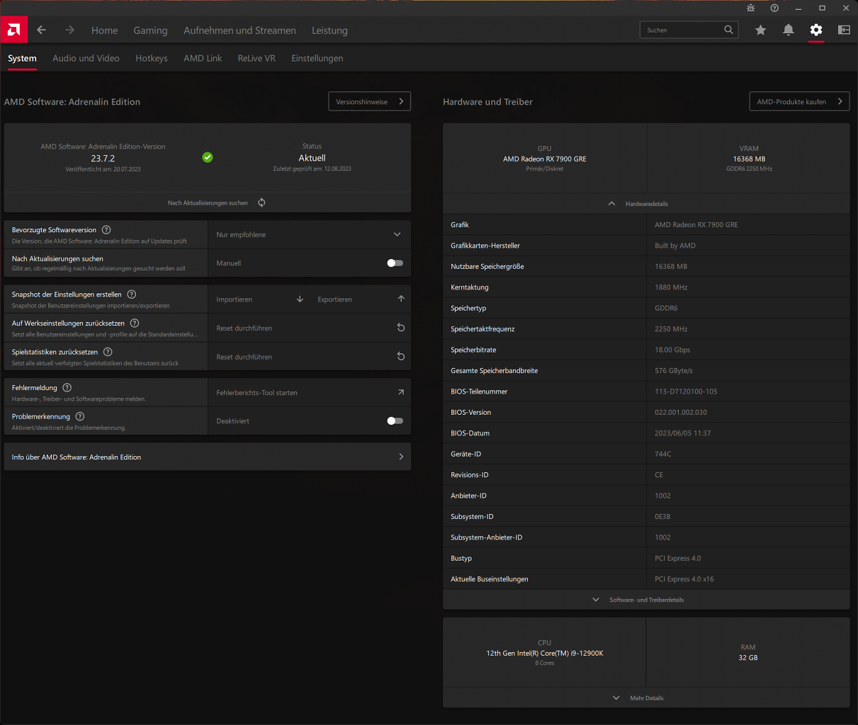 [15/08/2023] AMD Radeon RX 7900 GRE: AMD Software Hardware Info