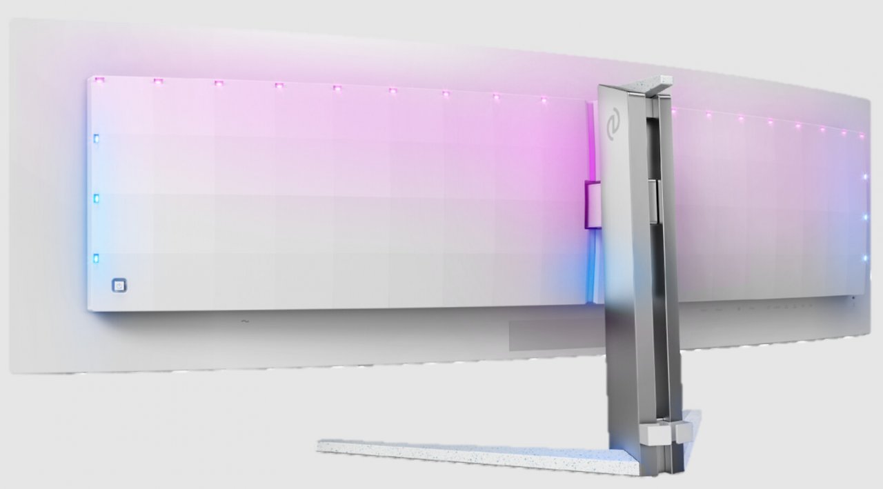 [25/08/2023] Rückansicht des Evnia 49M2C8900 mit aktivem Ambiglow.