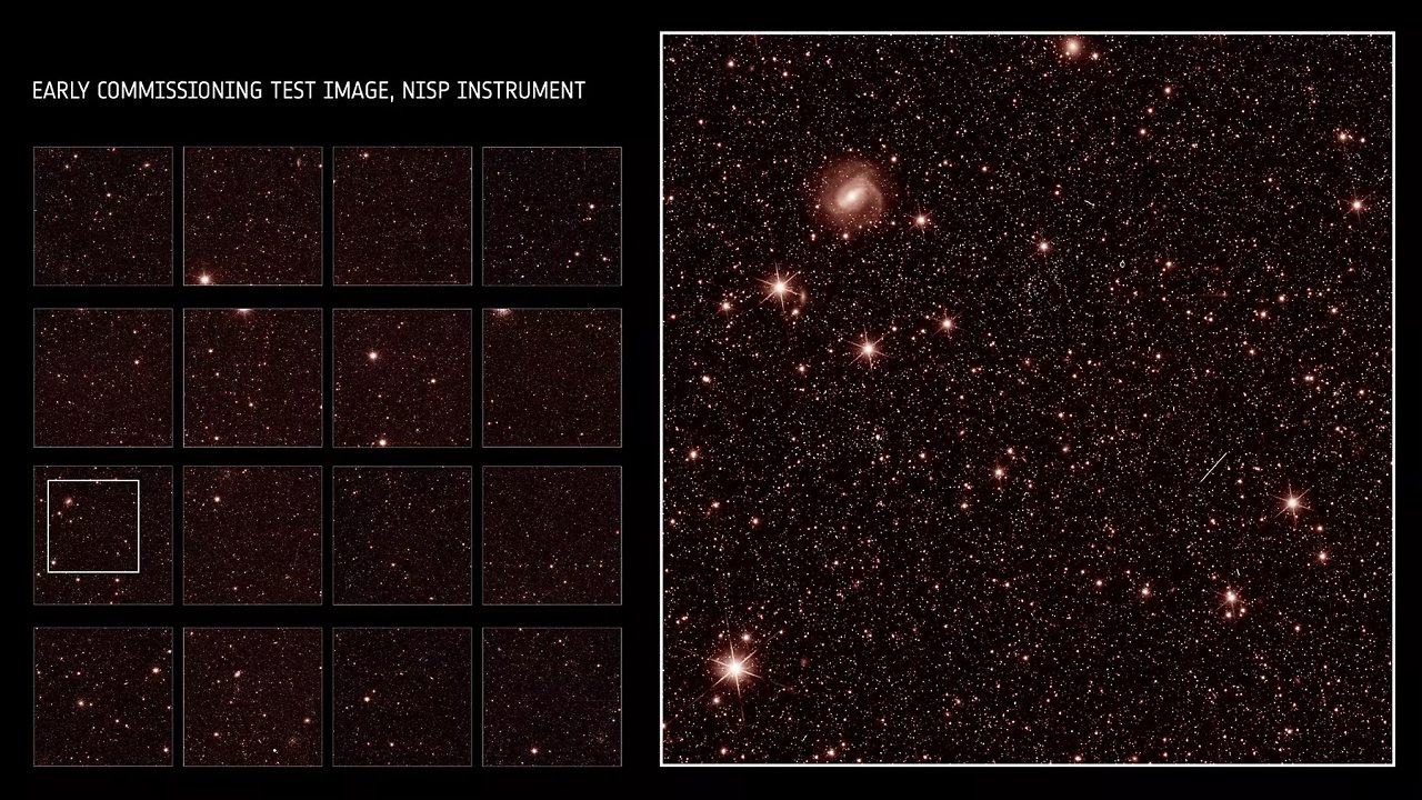[01/08/2023] Testbild der frühen Inbetriebnahme - NISP-Instrument mit vollem Sichtfeld und Zoom für Details.