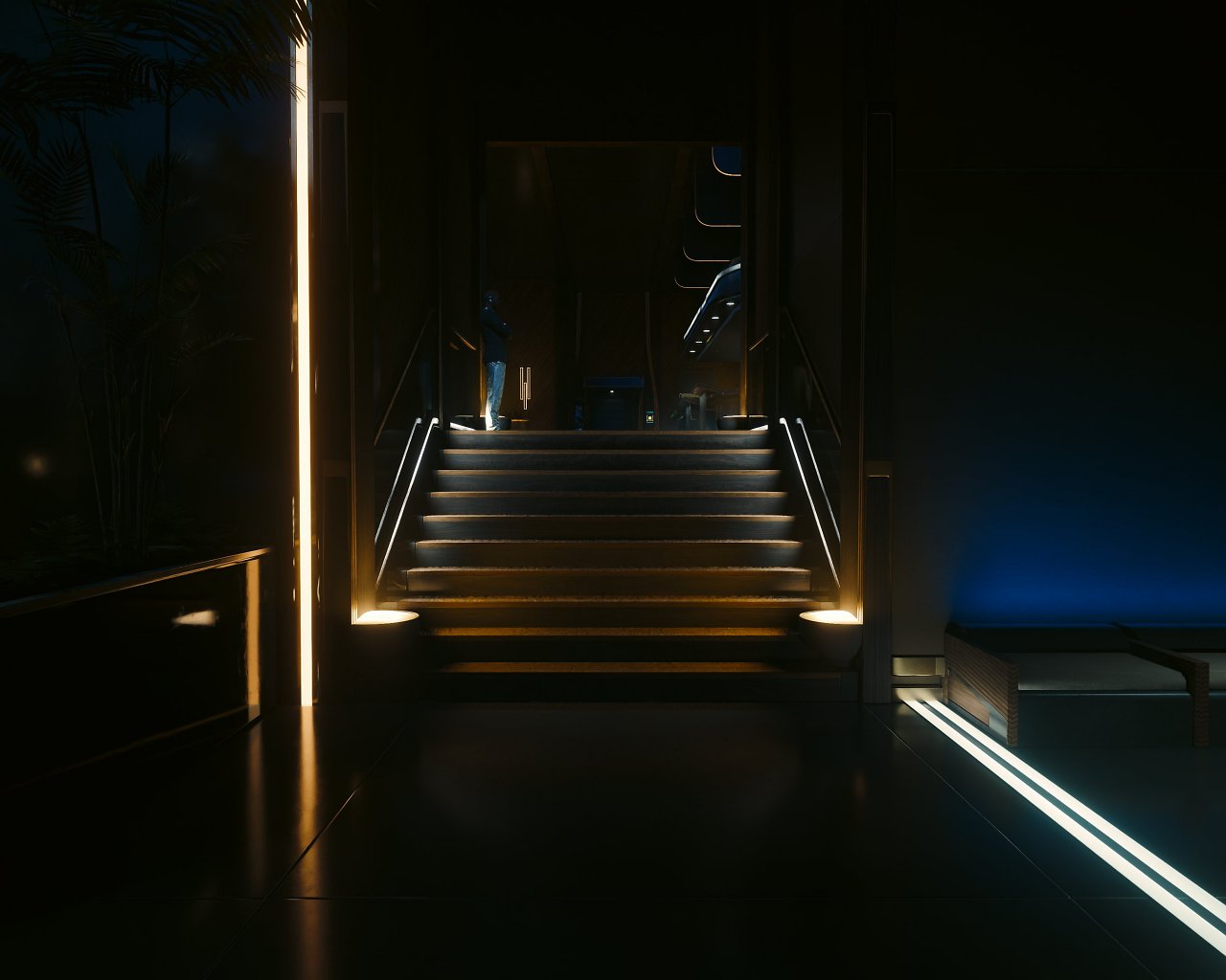 Pathtraced (DLSS 3.5 mit Performance-Upsampling). Raster (DLAA, UHD, Preset: High). Achten Sie auf die einzelnen Treppenstufen. Im Pathtracing sind kleinere Artefakte sichtbar.