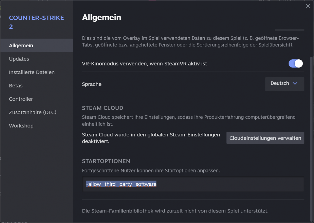 [29/09/2023] Damit Overlays wie das Rivatuner-OSD (RTSS) in CS2 sichtbar sind, müssen Sie den abgebildeten Startparameter eingeben.