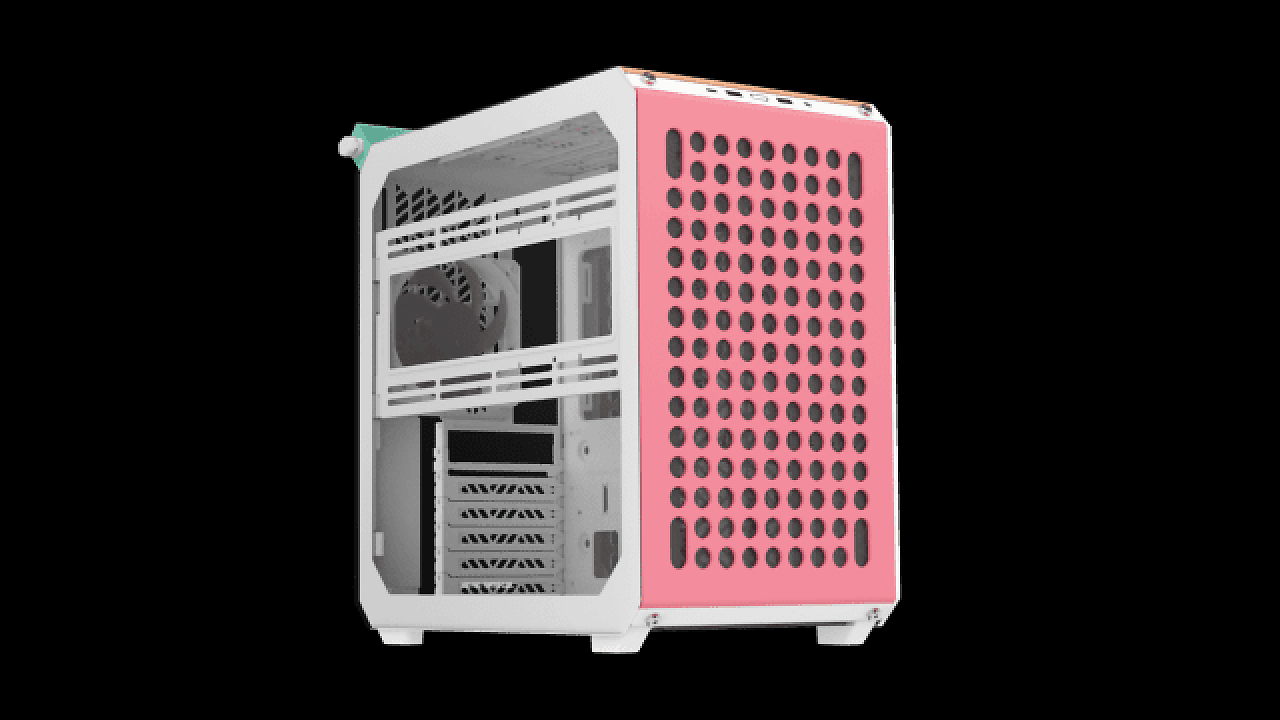 [22/09/2023] Seitliche Ansicht des Cooler Master Qube 500 Flatpak Macron-Edition.