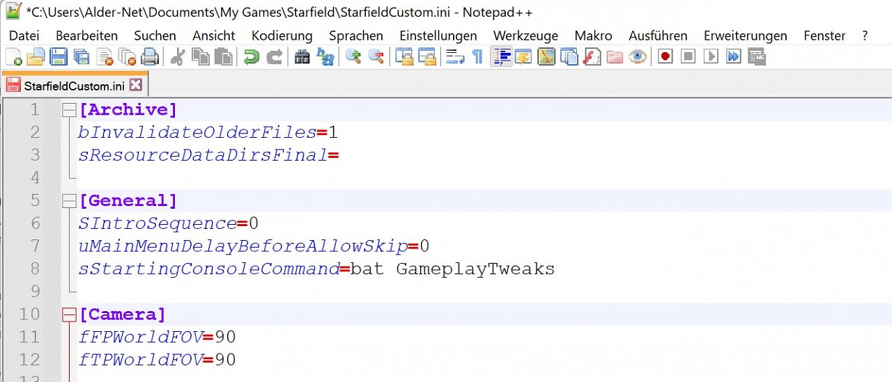 [07/09/2023] Programme wie Notepad++ sind zwar rein optional, da der von Windows eingebaute Editor ausreichen würde, allerdings fehlt dann die übersichtlichere Ansicht für Kommandos. Auch praktisch: Beim Hantieren mehrerer .ini-Dateien wie StarfieldCustom.ini und Starfield.ini können Sie über die oberen Tabs schnell hin- und herwechseln.