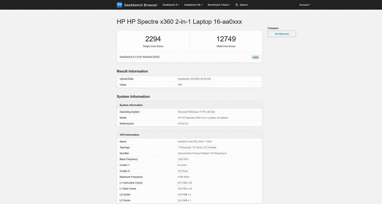 [07/09/2023] Der Intel Core Ultra 7 155H in der Datenbank von Geekbench