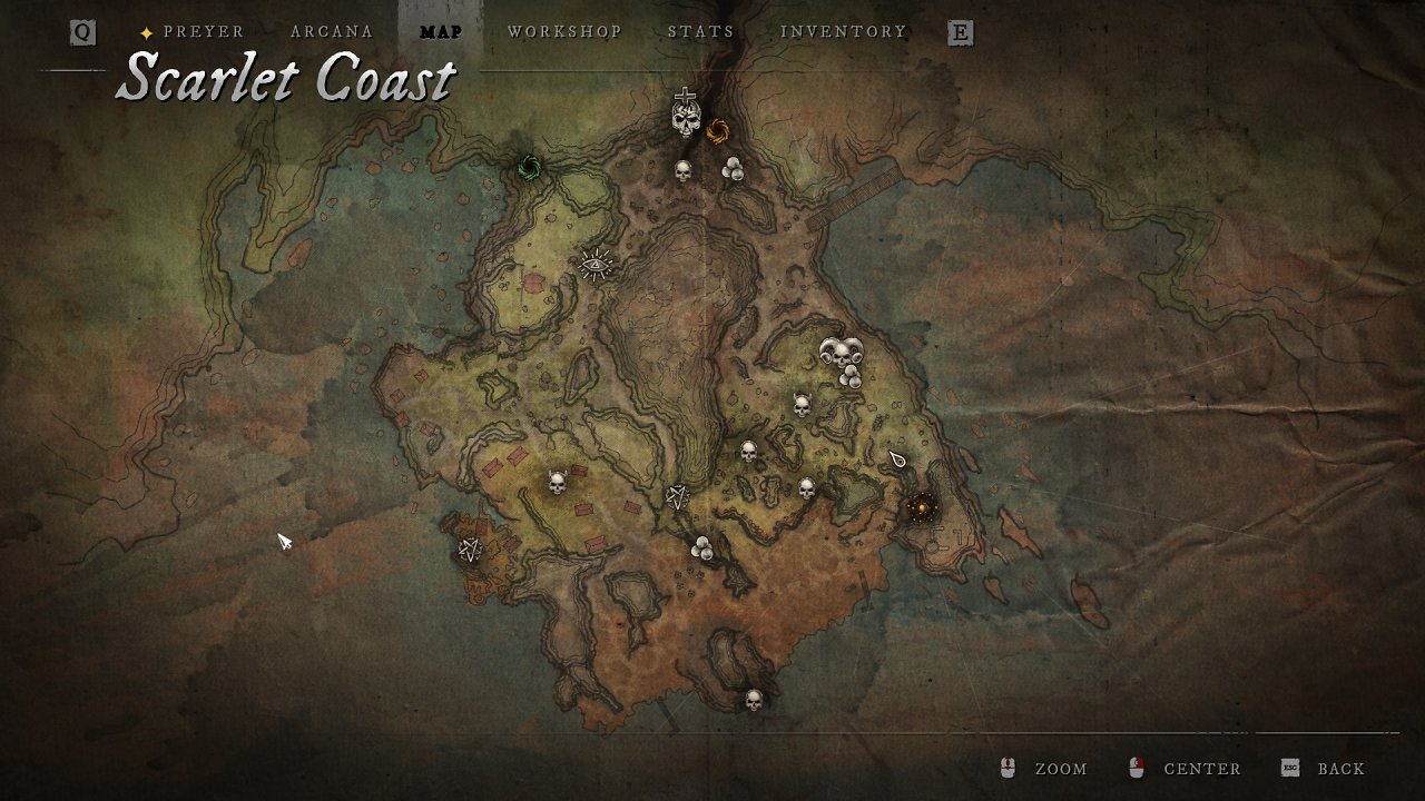 [27/09/2023] Witchfire Early Access - Die Karte der Scarlet Coast, die erste der beiden aktuell spielbaren Karten. Die Gegner, Loot, und Events werden vor jedem Run zufällig platziert. Um die Karte zu verlassen, müssen Sie eines der Portale nutzen. Ziel ist es, einen (Haupt-)Boss zu besiegen. Hunt-Anleihen? Ja, recht eindeutig.