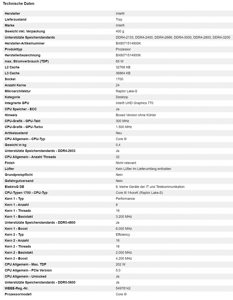 [13/10/2023] Technische Spezifikationen des Intel Core i9-14900K laut Alternate auf eBay.