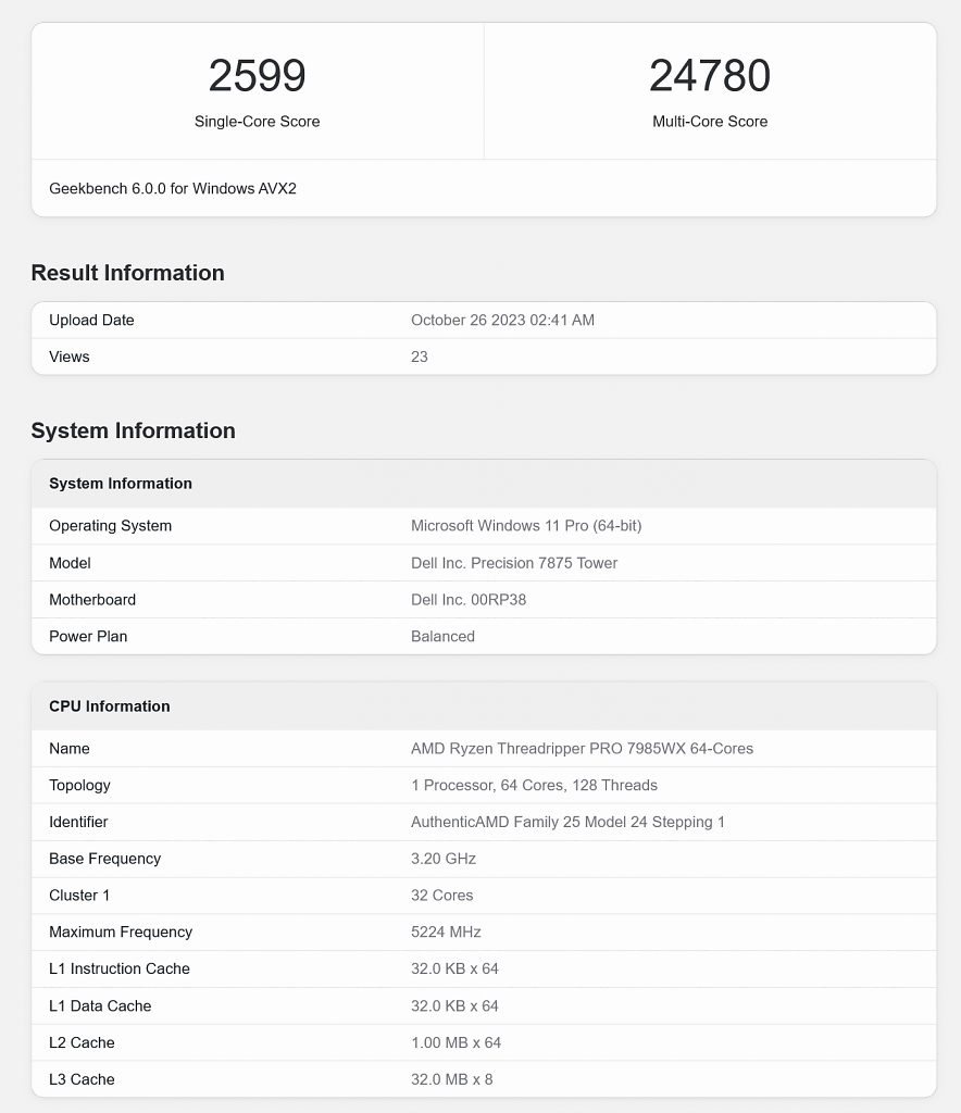 [26/10/2023] AMD Ryzen Threadripper Pro 7985WX im Geekbench 6