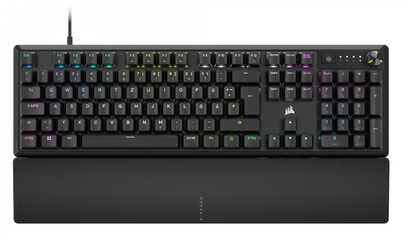 [11/10/2023] Die Corsair K70 Core verfügt über eine integrierte Handballenauflage, ein konfigurierbares Drehrad und eine Zusatztaste.