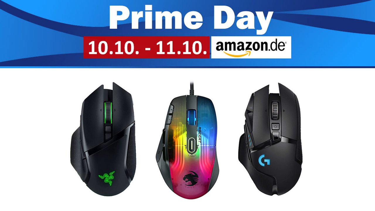 Drei Gaming-Mäuse von Razer, Roccat und Logitech sowie die Überschrift Prime Day und das Datum 10. und 11. Oktober.