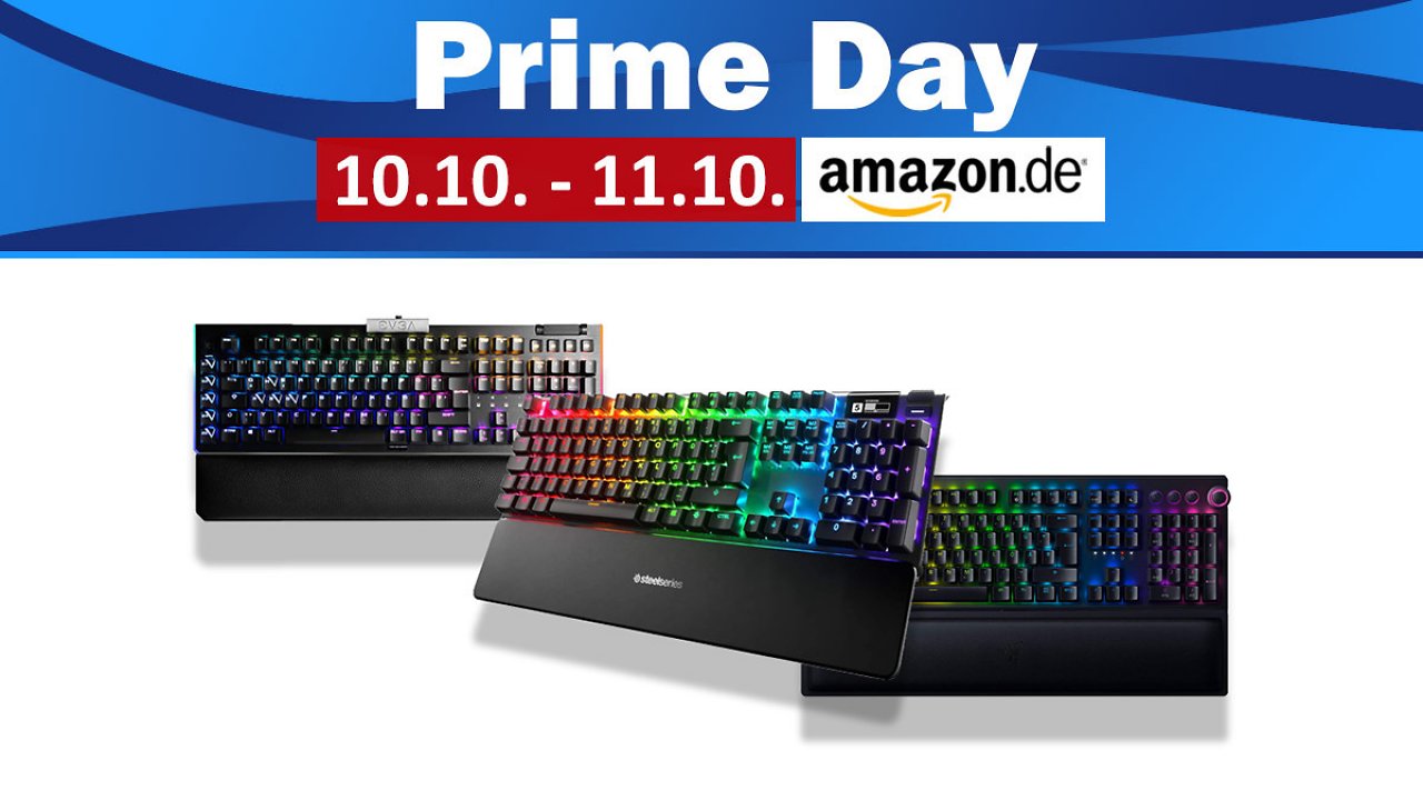 Drei Gaming-Tastaturen vor weißem Hintergrund, darüber der Schriftzug Prime Day sowie das Datum des Events 10. und 11. Oktober.
