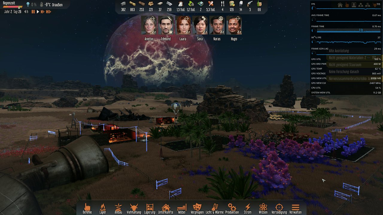 [25/10/2023] Auch eher unscheinbare, nicht vom Triple-A-Hype und unzähligen Mainstream-Dollar gesegnete Indie-Titel funktionieren mit den Fluid Motion Frames. Wie hier der spaßige 3D-Rimworld-Klon Stranded Alien Dawn. Abermals helfen die Fluid Motion Frames nicht nur der erstaunlich anspruchsvollen Grafik auf die Sprünge, sondern auch der unbefriedigenden, krümeligen und lästig flimmernden Kantenglättung, die das Spiel standardmäßig nutzt. Über ein mit den FMF kooperierendes Framelimit verfügt das Spiel außerdem. (4K mit maximalen Details, RX 7900 XTX)&nbsp;