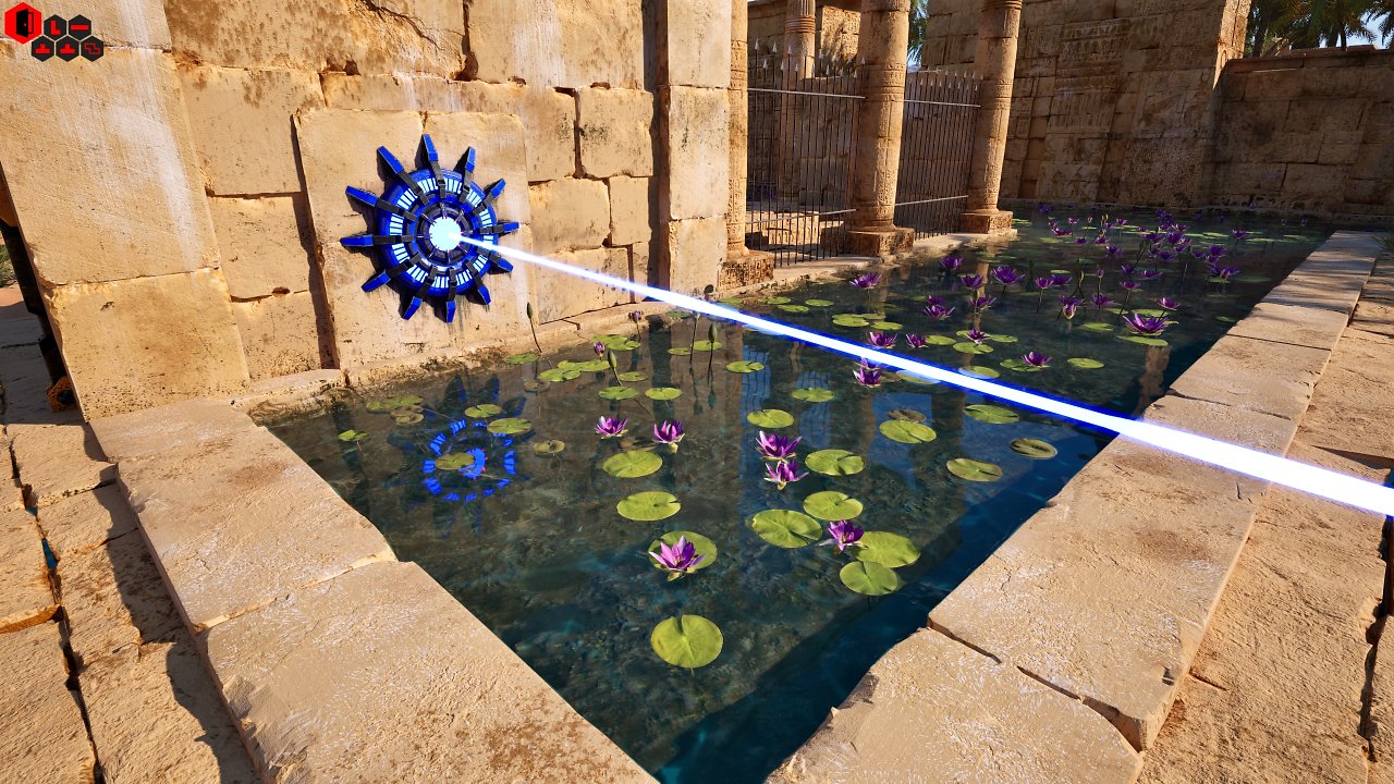 [29/10/2023] Obwohl das Spiel auf Raytracing setzt, vermissen wir die Spieglung des Laserstrahls auf dem Wasser. Der Schalter dagegen wird reflektiert. Das hat vermutlich Performance-Gründe.