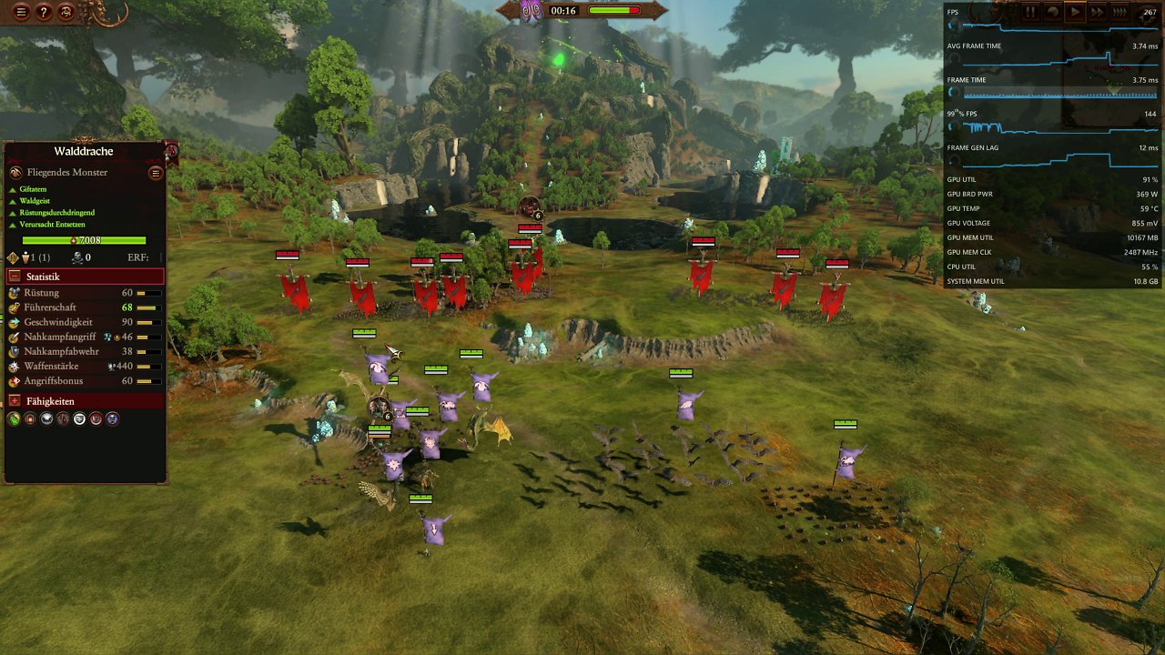 [25/10/2023] Total War Warhammer 3 mit Fluid Motion Frames. Auch die Fantasy-Strategie-Schlacht funktioniert mit AMDs Treiber-Frame-Generation. Nicht ganz unähnlich Anno scheint die Iso-Perspektive indes die Funktion der Frame Generation (und eventuell dem mit-injizierten TAA) zu erschweren. Hier sind einige Artefakte sichtbar, etwa das Verwischen der Details auf den Fahnen, bei den Figuren sind in Zoomstufen mit größerer Entfernung ebenfalls seltsame Artefakte sichtbar – das TWW3-TAA ist dahingehend allerdings sowieso auffällig, also vielleicht auch selbst nicht ganz unschuldig.Qualitativ ist das Ergebnis jedenfalls noch verbesserungswürdig, der Performance-Gewinn ist allerdings mächtig. (4K nativ mit Extreme-Details, RX 7900 XTX)