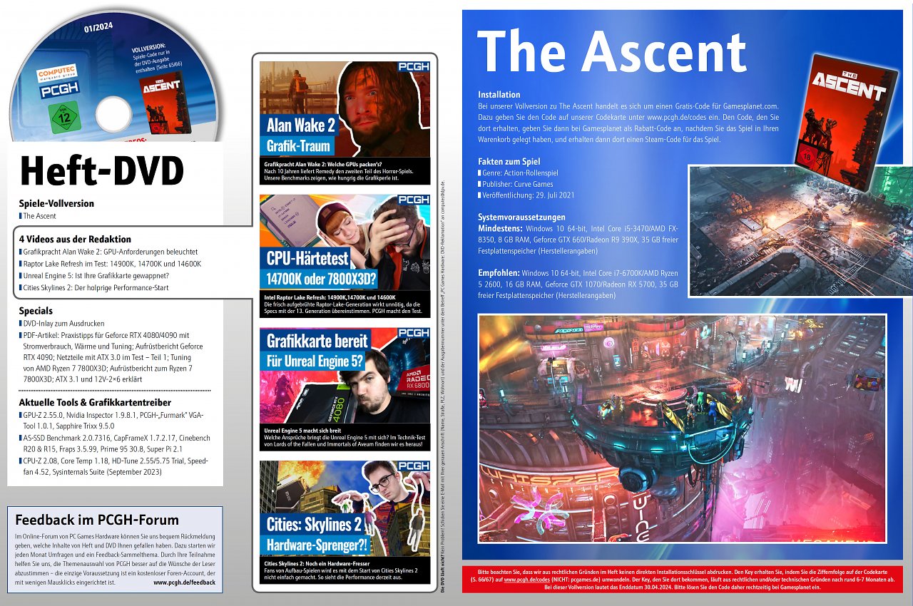 [21/11/2023] Neben Artikelzusätzen, Programmen und Videos befindet sich die Steam-Vollversion von The Ascent über Gamesplanet in der DVD-Version des PCGH-Hefts.