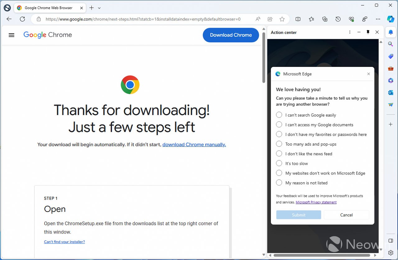 [09/11/2023] Auch den Wechsel von Microsoft Edge auf Google Chrome möchte Microsoft begründet wissen