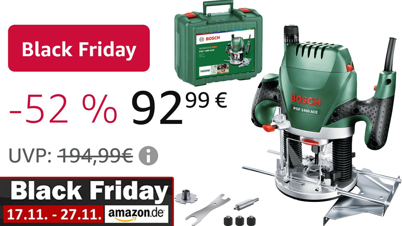 [23/11/2023] Kostet nicht mal die Hälfte: Es eilt bei Bosch Oberfräse mit 1.400 Watt beim Amazon Black Friday