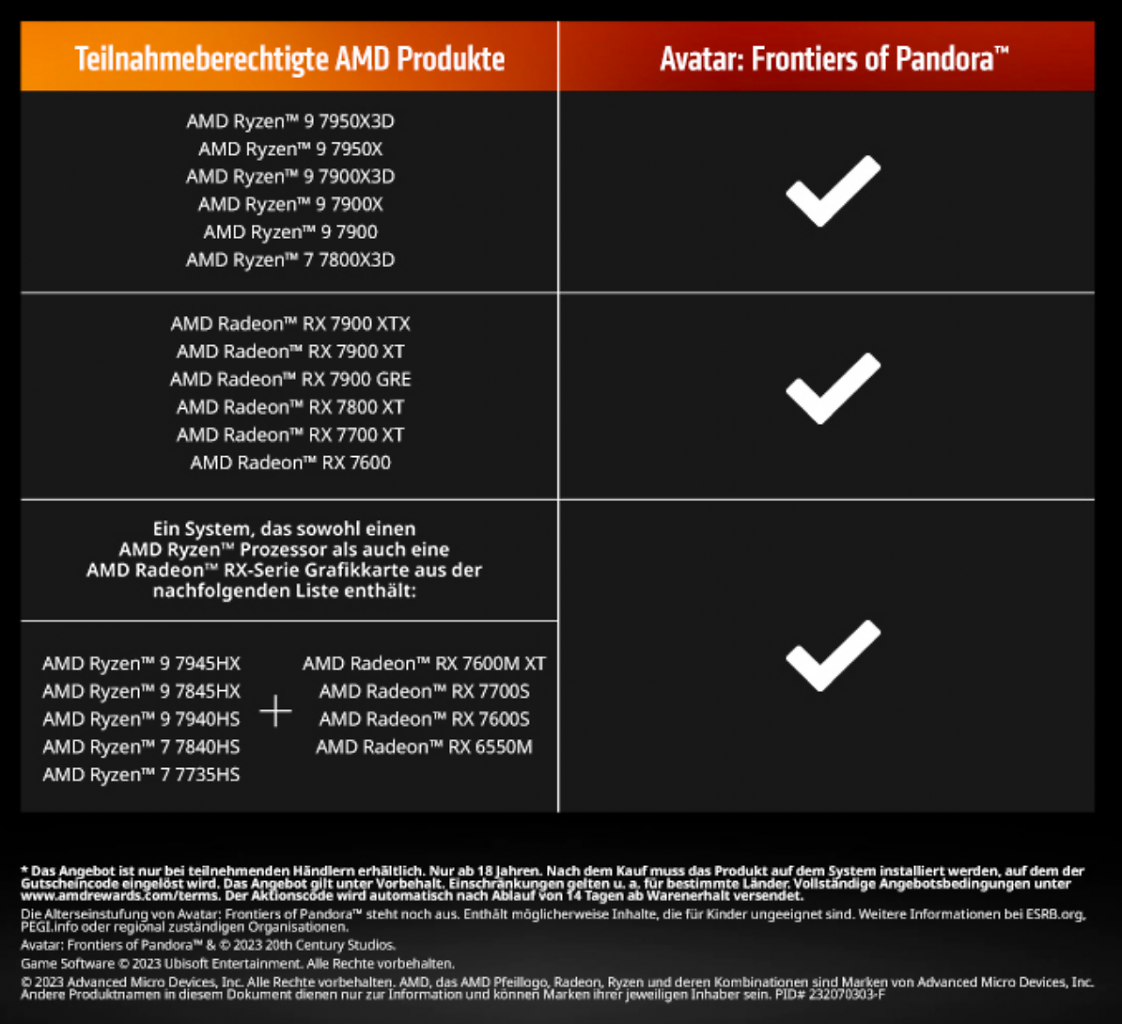 [07/11/2023] Qualifizierte Hardware für das Bundle mit Avatar: Frontiers of Pandora