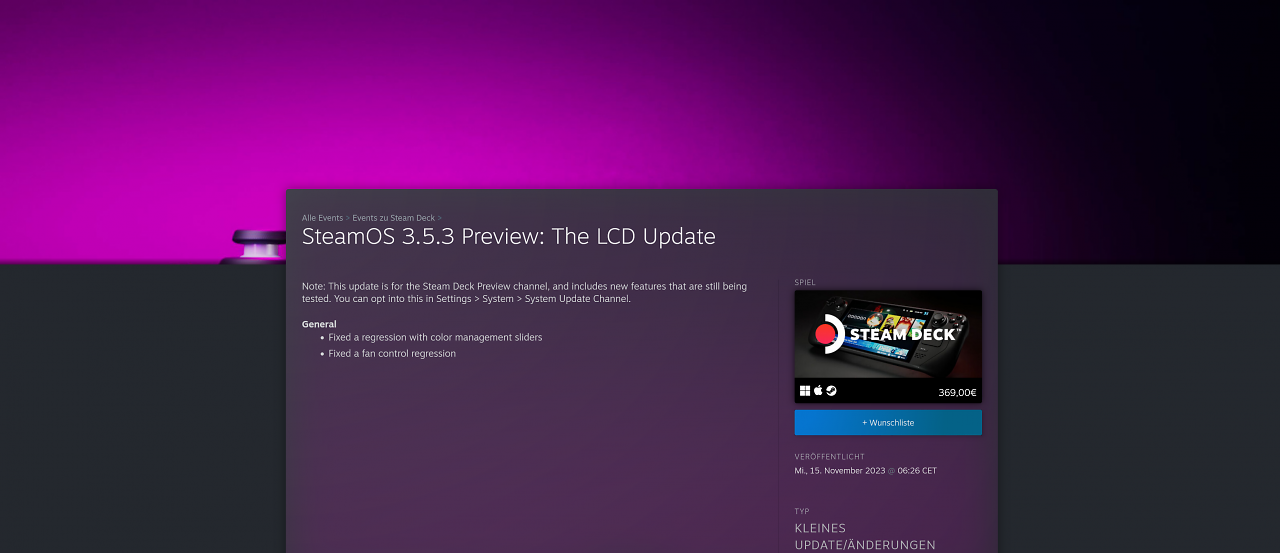 [15/11/2023] Die Release Notes von SteamOS 3.5.3 Preview