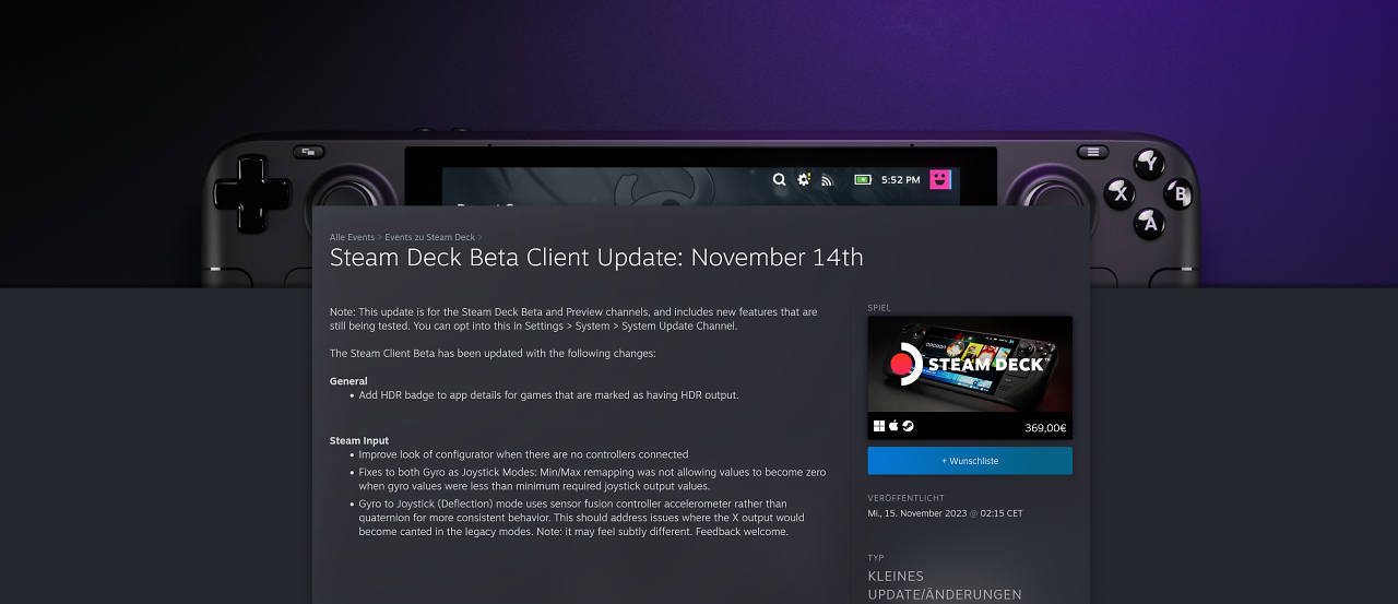 [15/11/2023] Die Release Notes des Steam Deck Beta Clients