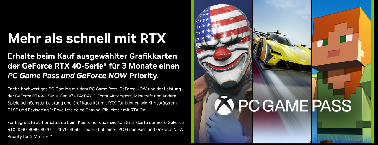 [28/11/2023] Zu jeder Geforce RTX 4000 im Aktionszeitraum gibt es 3 Monate Game Pass und Geforce Now