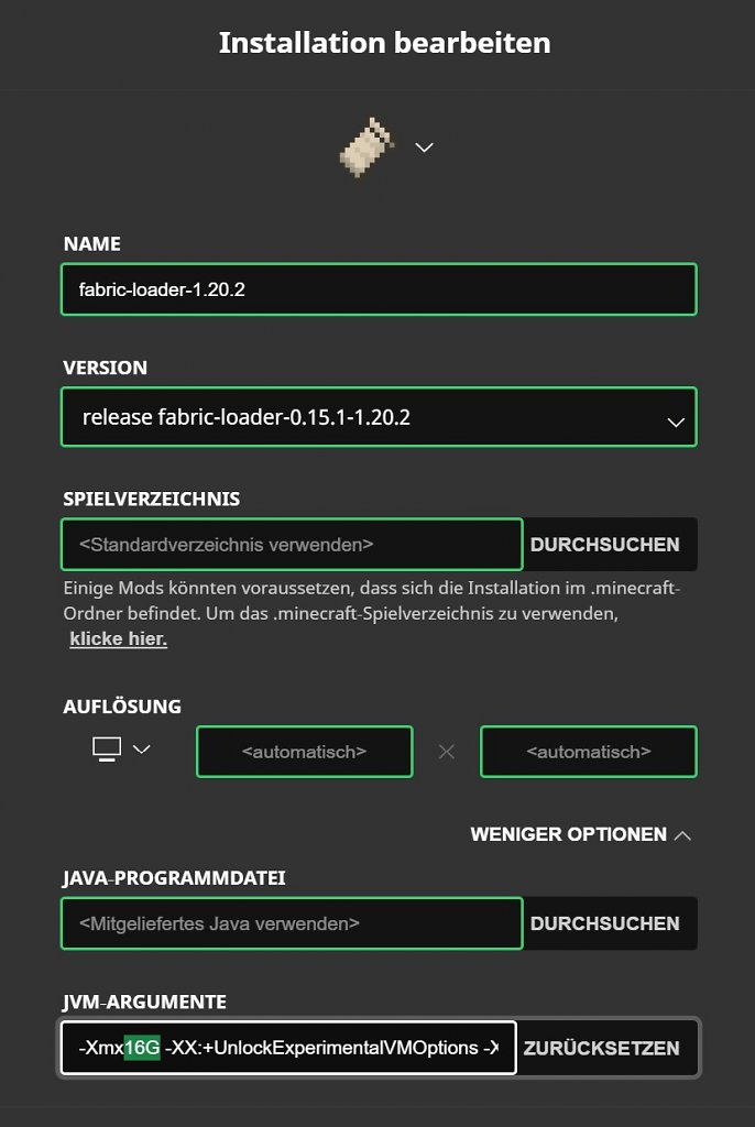 [21/12/2023] Im Minecraft-Launcher können wir unter den jeweiligen Installationsoptionen im unteren Abschnitt unter JVM-Argumente den zugewiesenen Arbeitsspeicher erweitern. Im markierten Abschnitt können Sie den RAM-Pool von Minecraft selbst bestimmen. Ein Wert von 6 bis 16 GiB (-Xmx10G als Beispiel mit 10 GiB) bietet sich je nach eigenem Kit an und verhindert Ruckeln durch zu geringe RAM-Zuweisung.