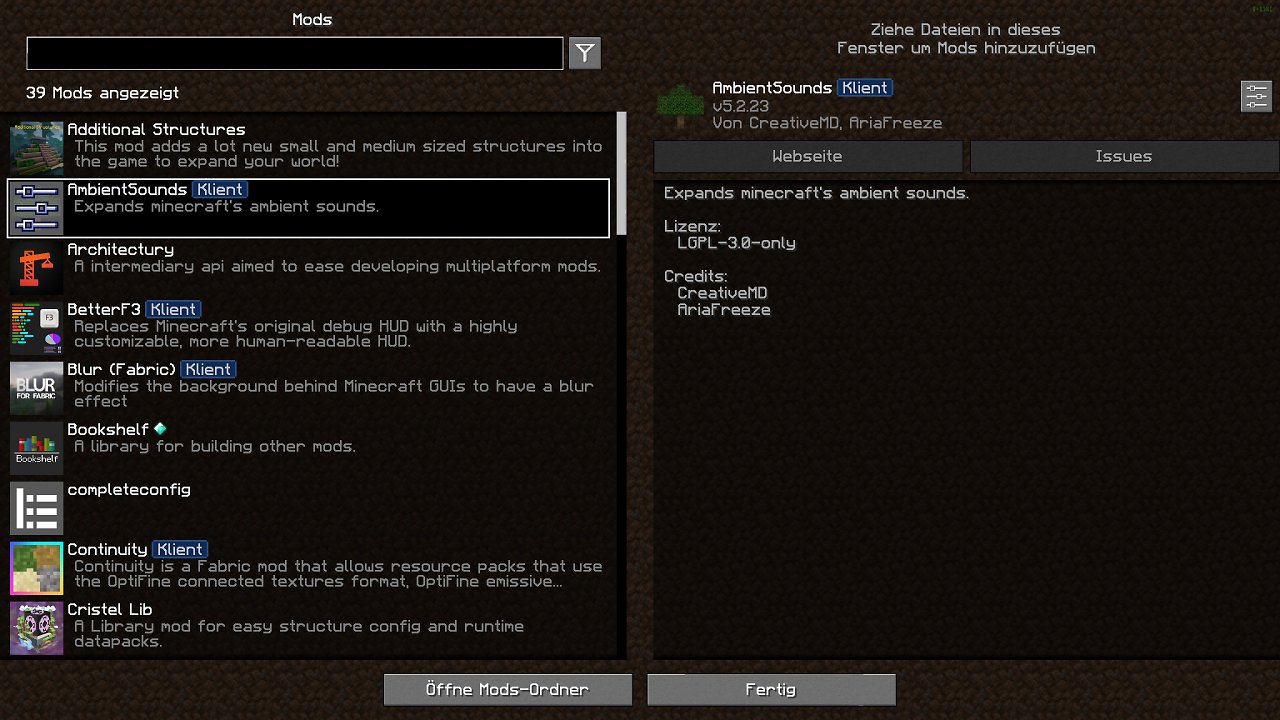[21/12/2023] Mit dem Fabric Loader und den von uns gelisteten Zusätzen wie dem Mod Menu 8.0.0 können Sie Ihr Spiel individuell nach Belieben anpassen. Sie möchten Bäume mit Äxten in einem Stück abbauen? Aber nur bis zu einstellbaren Grenzen? Kein Problem. Sie benötigen mehr Metriken und wollen Ihr F3-Menü erweitern oder verkleinern? Mit BetterF3 können Sie dies umsetzen.