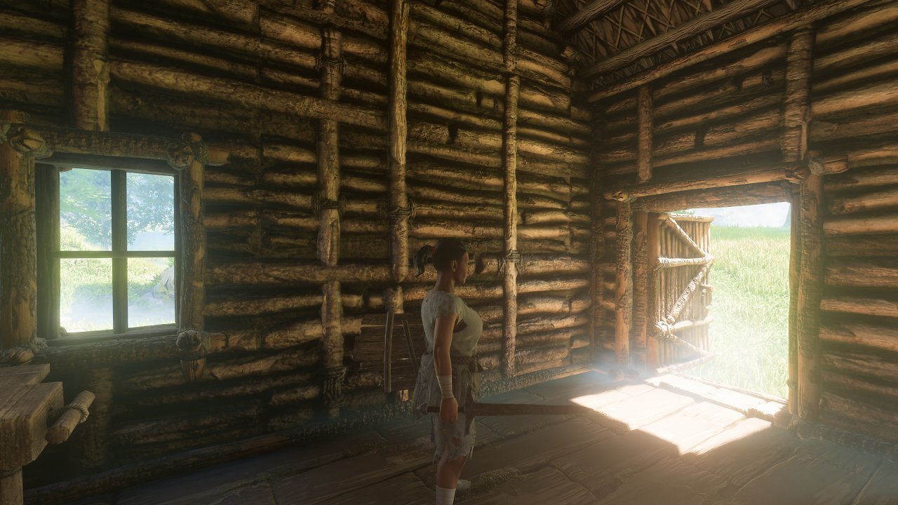 Enshrouded Early Access – Nur das direkte Sonnenlicht wird von der Türe blockiert, nicht jedoch das indirekte Licht, das auch bei geschlossener Türe in den Innenraum dringt.