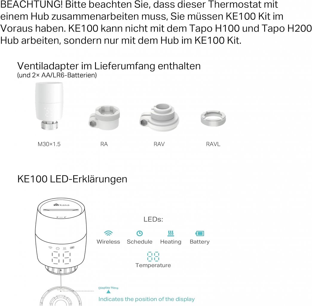 [08/01/2024] Lieferumfang vom smarten Heizkörperthermostat Kasa KE100