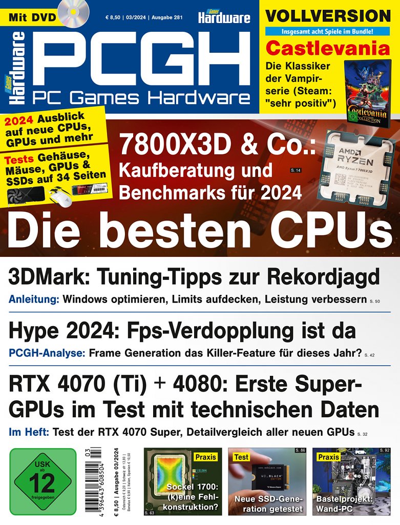 [25/01/2024] DVD-Cover der PCGH-Ausgabe 03/24. Auf der DVD finden Sie nicht nur weitergehendes Artikelmaterial, Videos und Tools, sondern auch die Castlevania Anniversary Collection als Steam-Vollversion.