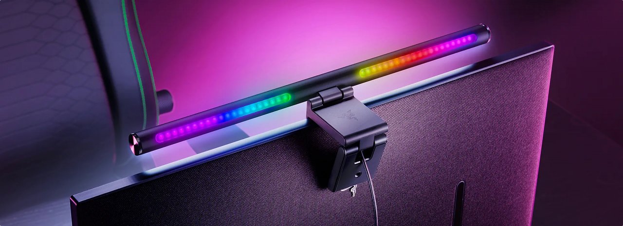 [09/01/2024] Razer bietet mit der Aether eine Lichtleiste für den Monitor an, die vorn weißes Licht und hinten Chroma-RGB-Beleuchtung bietet.