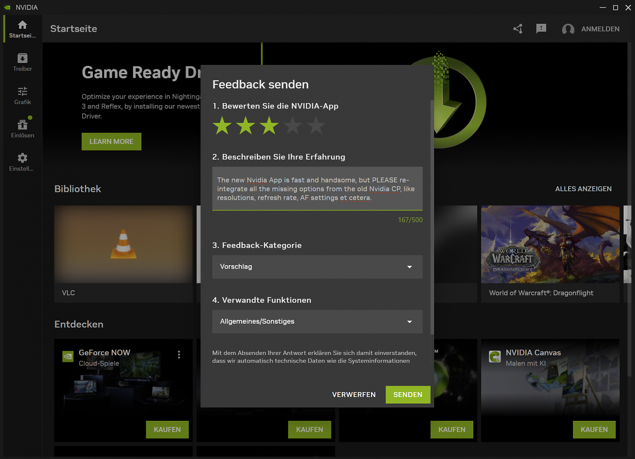 [22/02/2024] Nvidia App (Beta): Feedback-Fenster