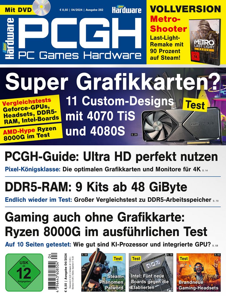 [23/02/2024] DVD-Cover der PCGH-Ausgabe 04/24. Auf der DVD finden Sie nicht nur weitergehendes Artikelmaterial, Videos und Tools, sondern auch Metro: Last Light Redux als Steam-Vollversion.