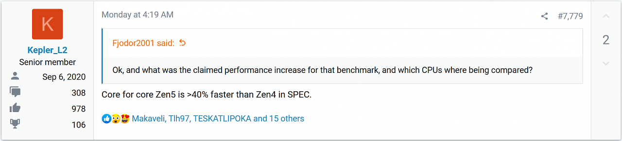 [30/03/2024] Laut @Kepler_L2 können sich die Zen 5 Kerne im SPEC-Benchmark um über 40 Prozent von der Vorgängergeneration abheben.