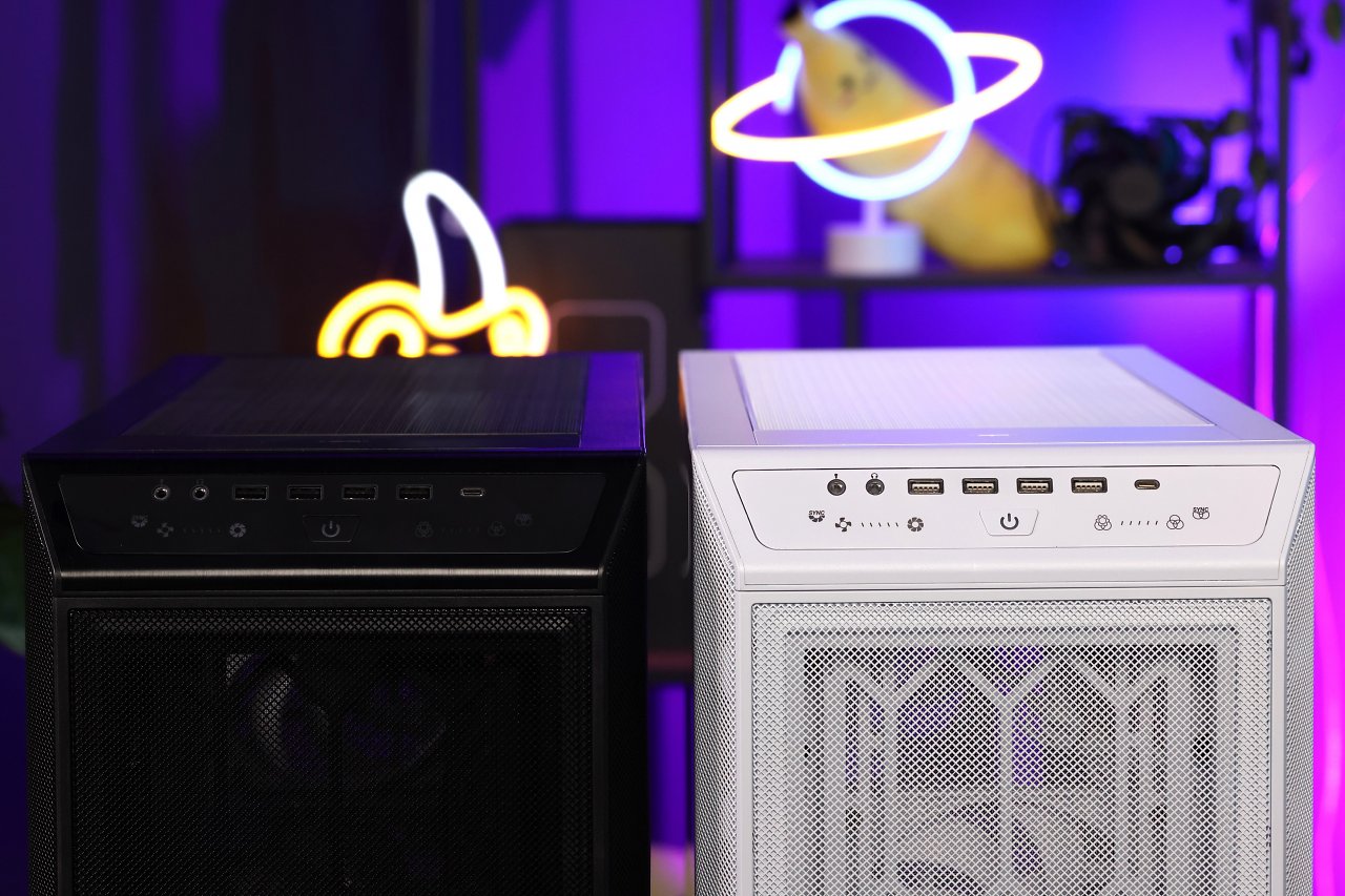 <strong>Volle Kontrolle an der Front-I/O: </strong>Neben den beleuchteten 4&times; USB Typ-A (3.0), 1&times; USB Typ-C (3.1) und den Audioanschl&uuml;ssen sind auch zwei anzutippende Touch-Regler verbaut. Mit dem <i>linken 5-stufigen Fan-Controller</i> k&ouml;nnen die drei vormontierten 140 mm Silent Wings 4 &uuml;ber zwei verschiedene PWM-Hubs (mit je drei Slots) von 400 bis 1.900 U/min eingestellt werden. Im <i>rechten Touch-Feld</i> lassen sich die ARGB-LEDs des Geh&auml;uses steuern (bis zu 31-Modi). Mit den beiderseits vertretenen Sync-Optionen lassen sich sowohl die L&uuml;ftersteuerung als auch die ARGB-Beleuchtung &uuml;ber das Mainboard regeln. Zur wortw&ouml;rtlichen Kr&ouml;nung f&uuml;hrt der Wireless-Charging-Spot mit 15 Watt (&uuml;ber internen SATA-Anschluss) an der Oberseite. Im Praxistest haben sowohl das Samsung S23 Ultra als auch das iPhone 13 Max mit ca. 5&ndash;6 Watt geladen.